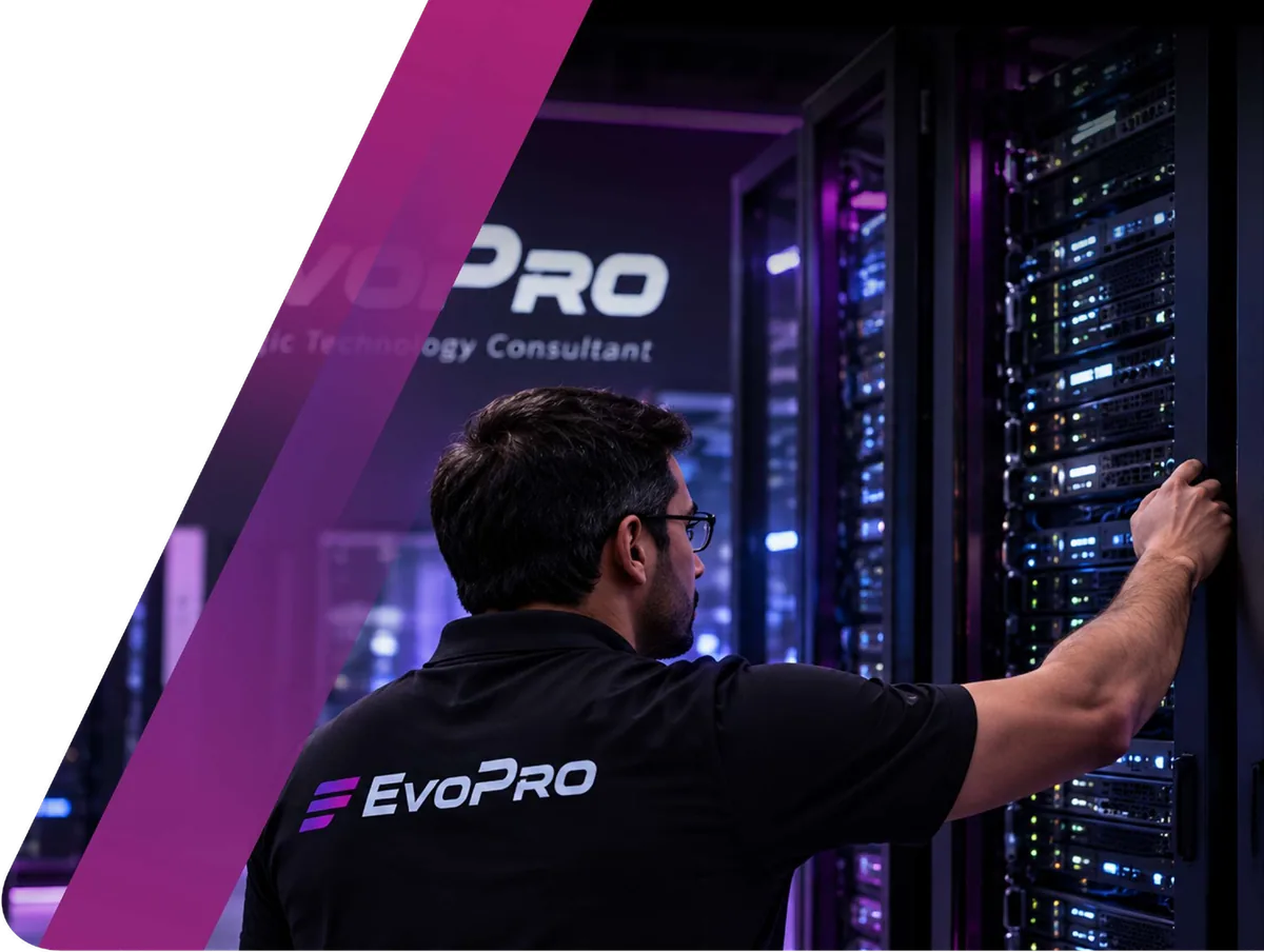 EvoPro engineer working at a server rack