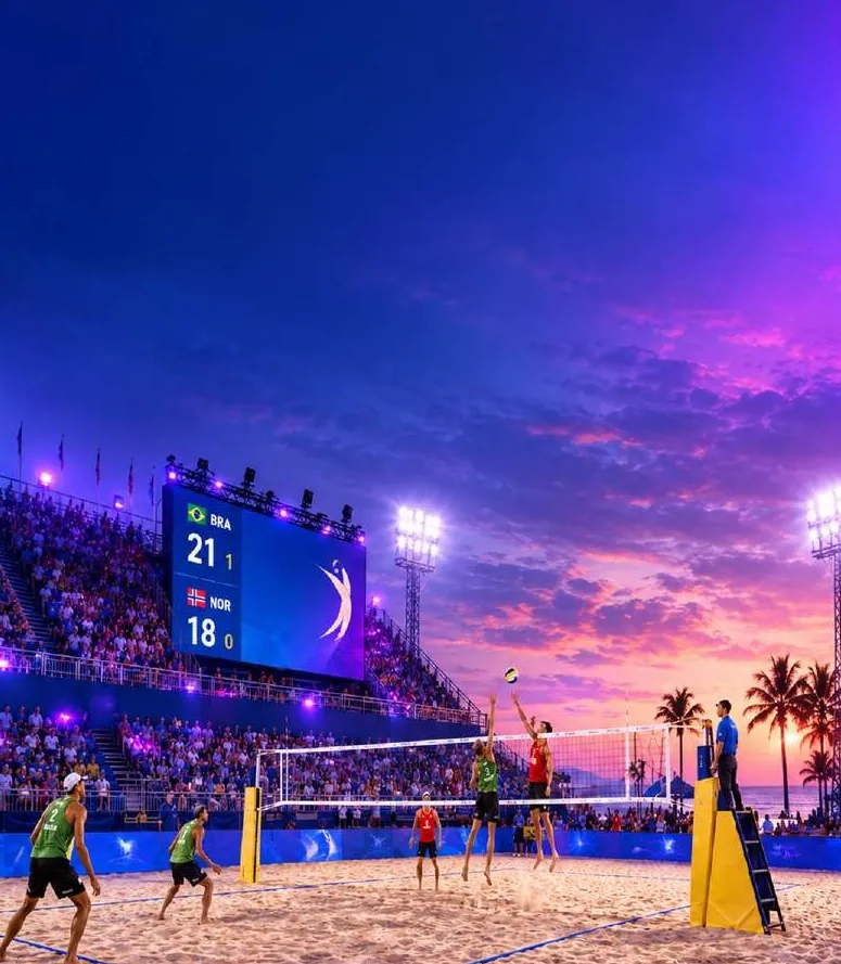 Beach volleyball arena at sunset